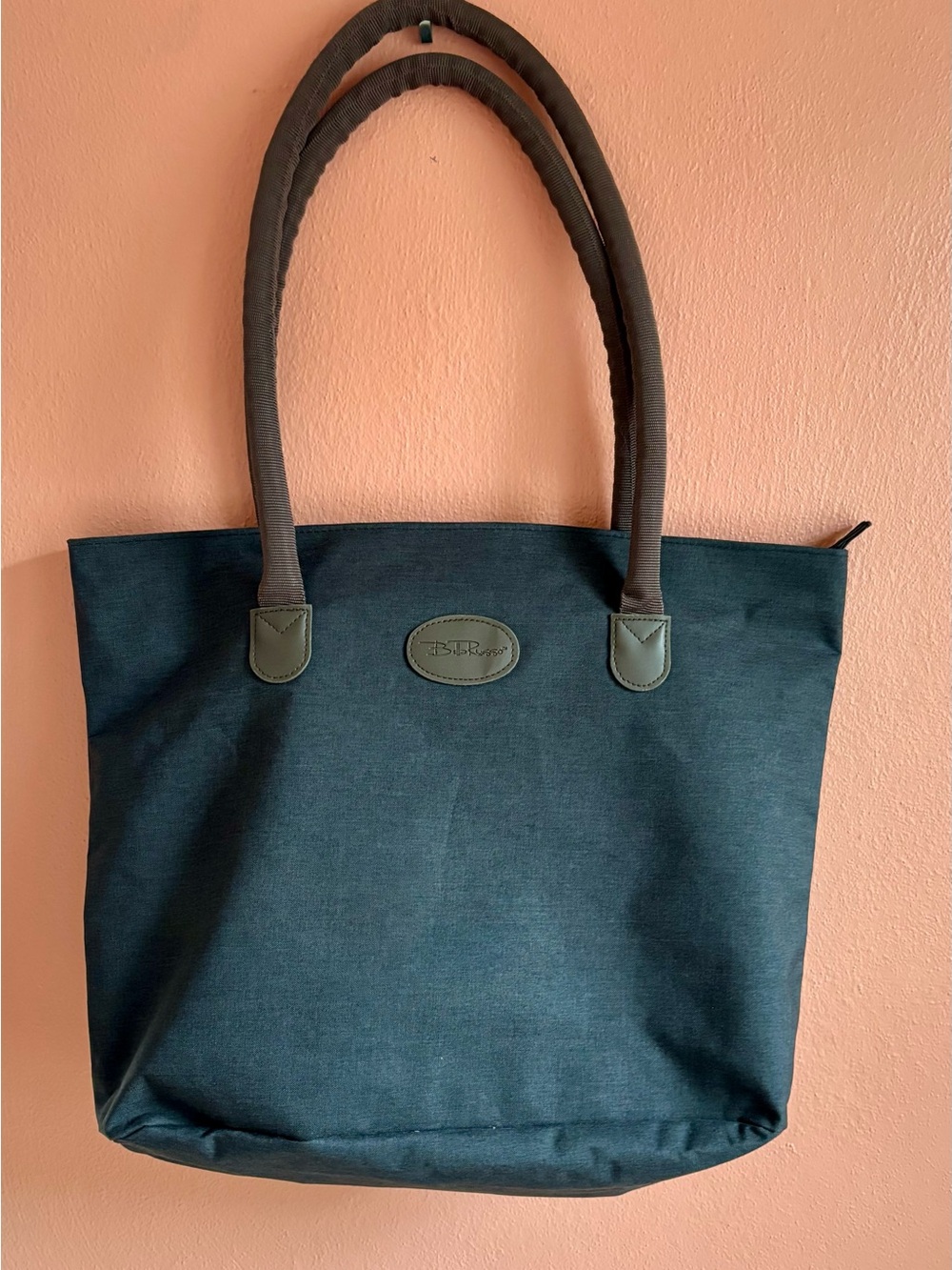 Dark Teal Canvas Tote with Brown Handles